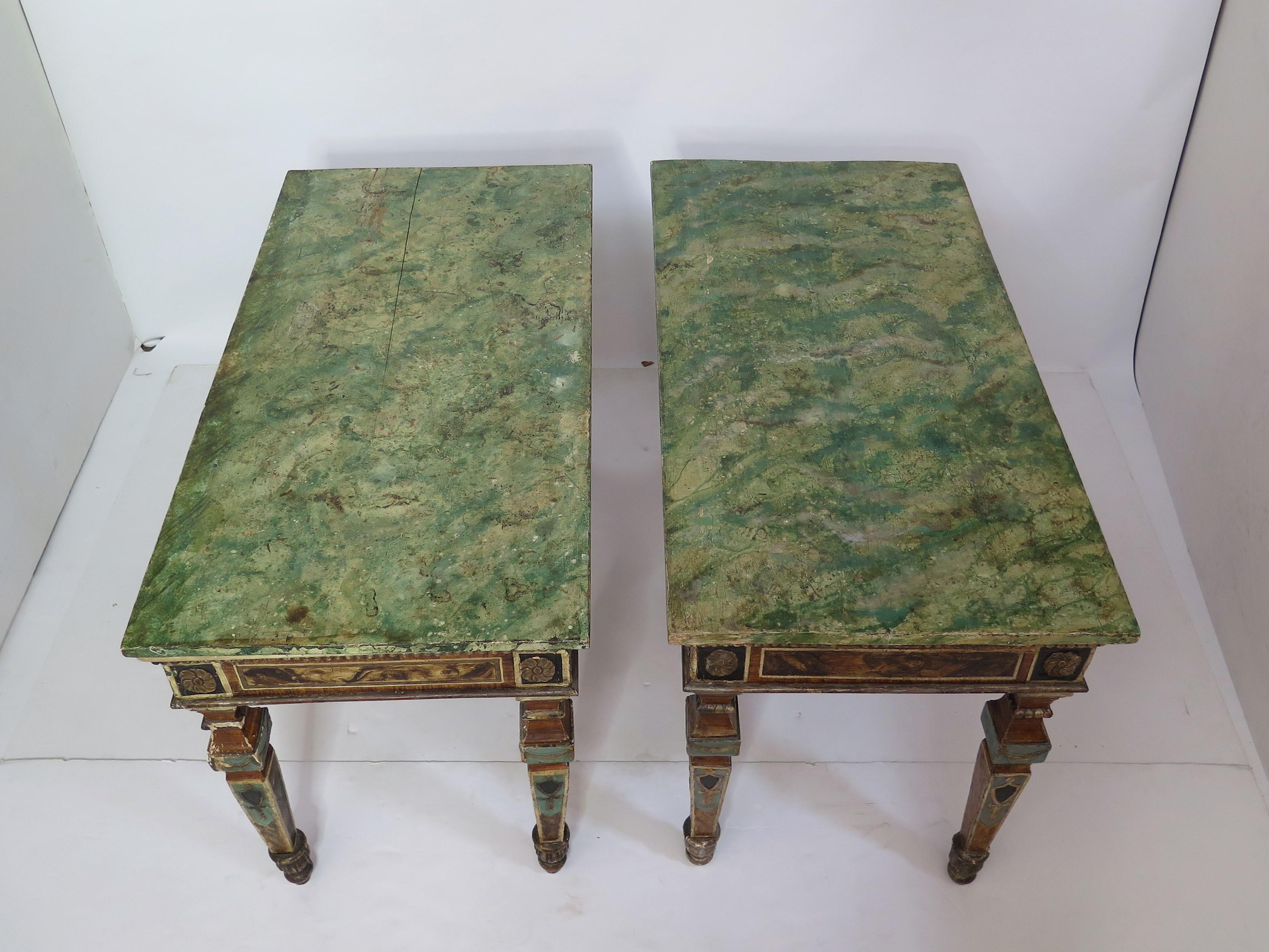 19th Century Pair of Italian Neoclassic Style Polychrome Painted Console Tables For Sale