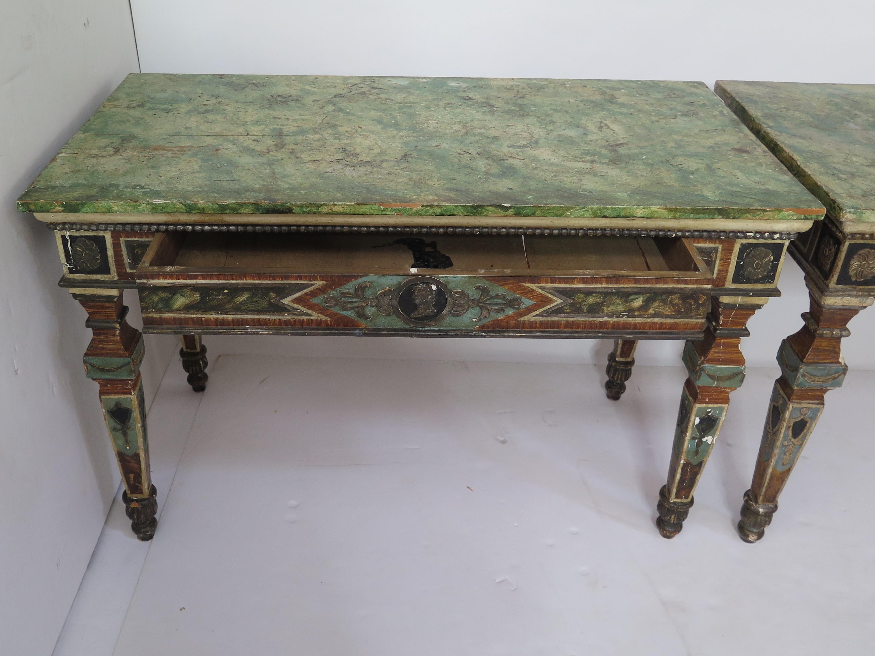 Pair of Italian Neoclassic Style Polychrome Painted Console Tables For Sale 2