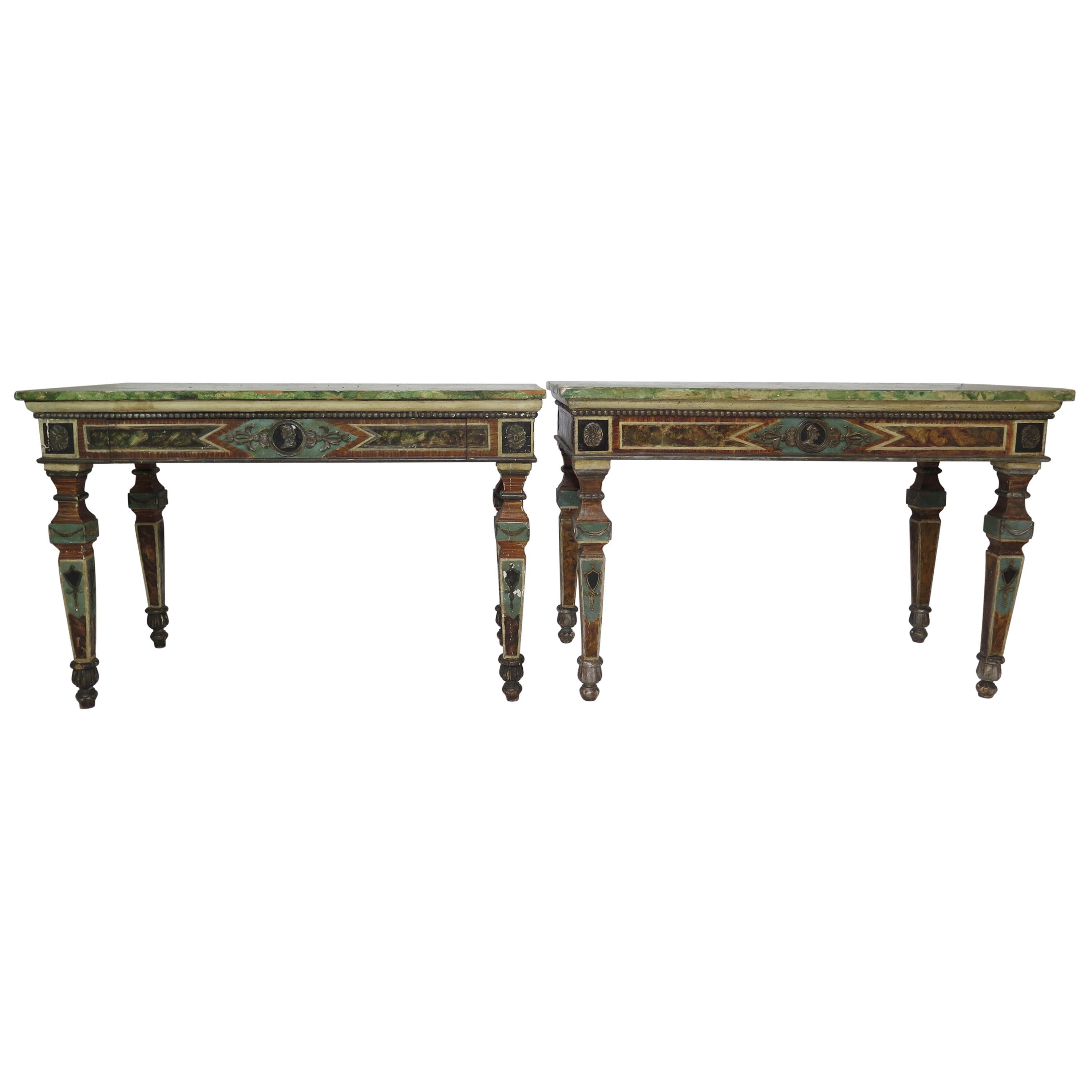 Pair of Italian Neoclassic Style Polychrome Painted Console Tables For Sale