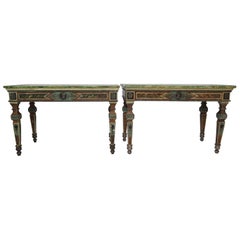 Antique Pair of Italian Neoclassic Style Polychrome Painted Console Tables