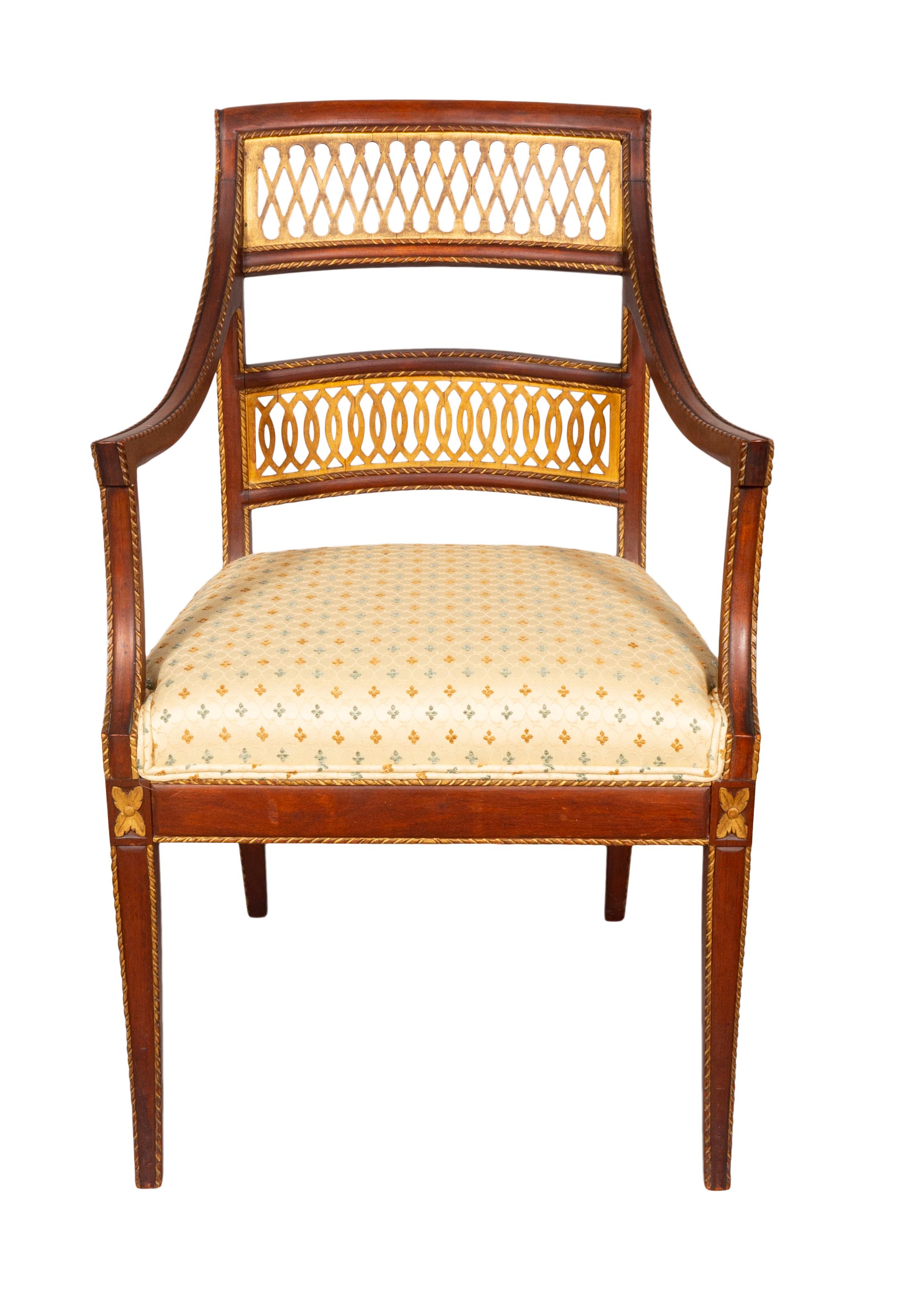 Each with lattice backs, carved arms square seat and raised on square tapered legs with carved detail and gilt accents. Very comfortable and useable.