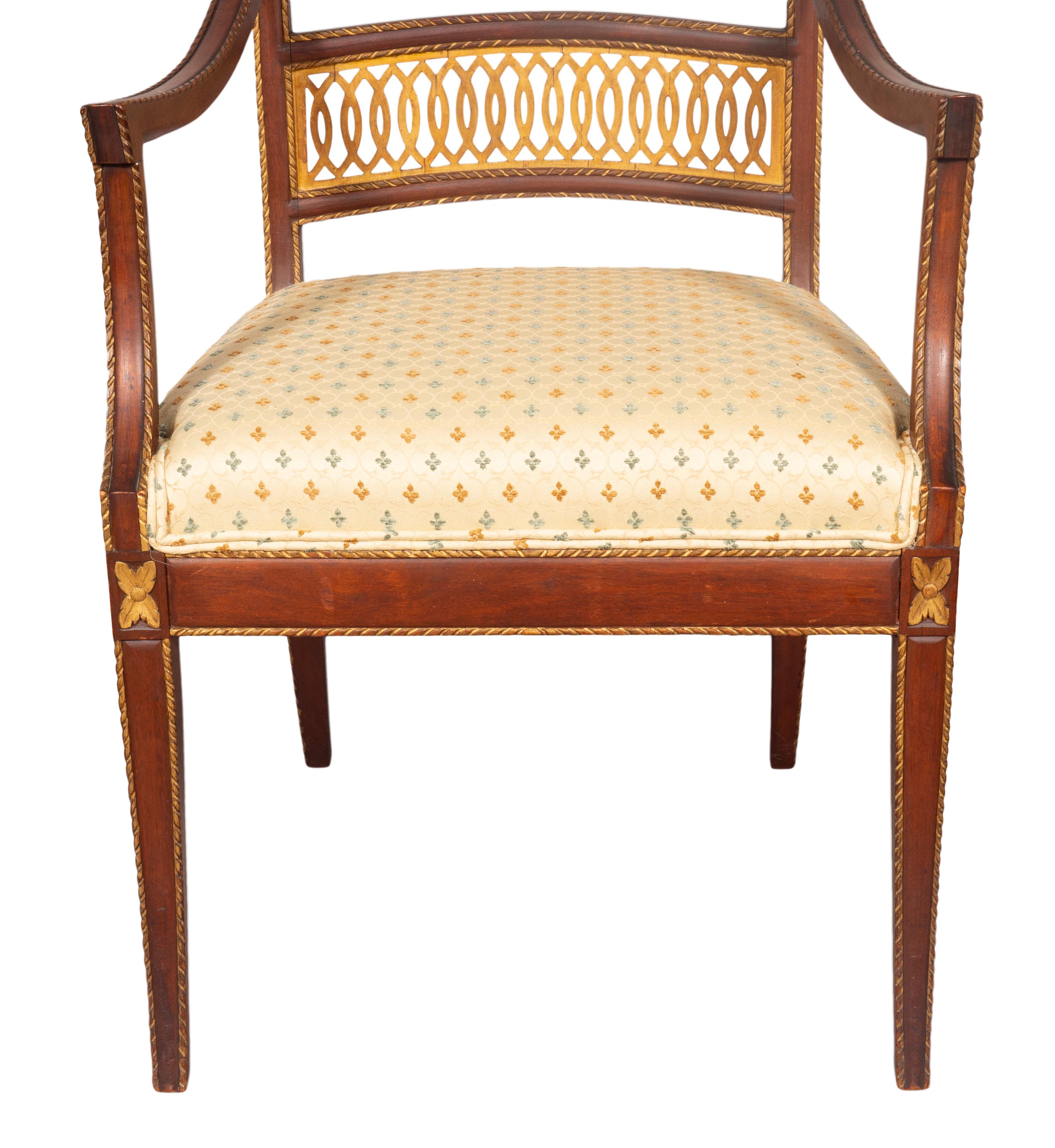 European Pair of Italian Neoclassic Style Walnut Armchairs For Sale