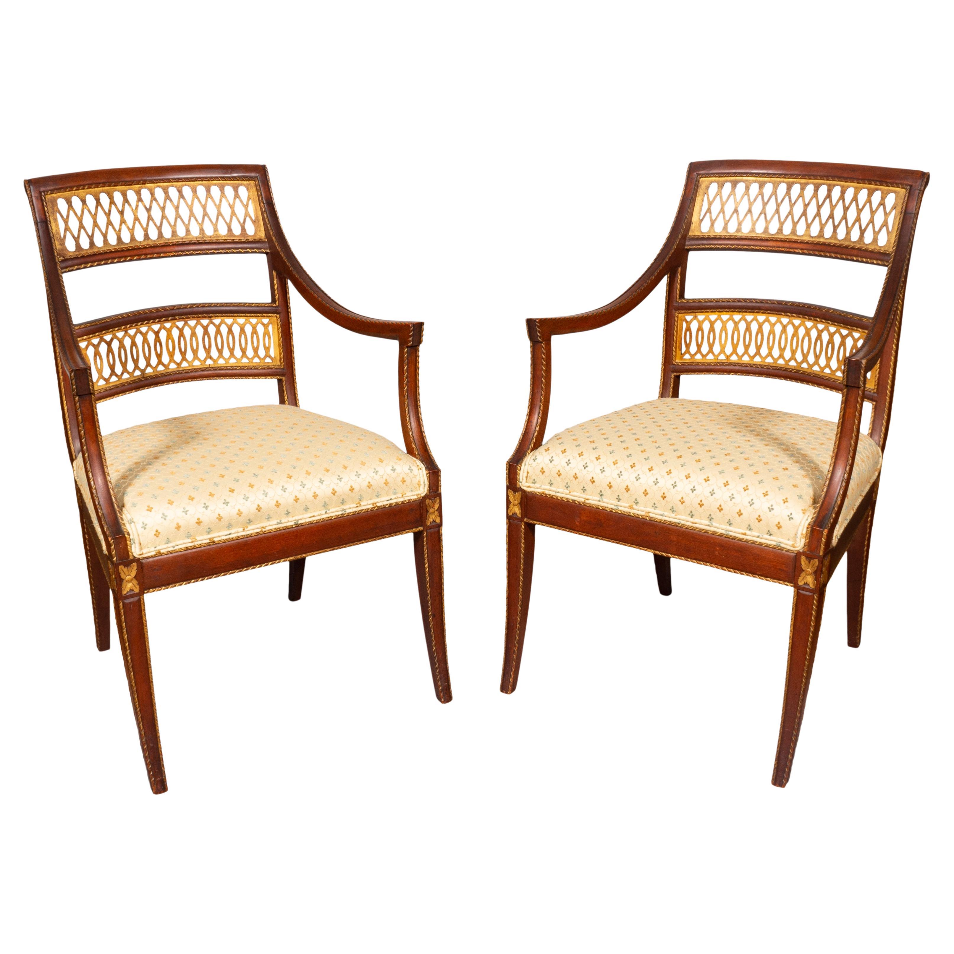 Pair of Italian Neoclassic Style Walnut Armchairs For Sale