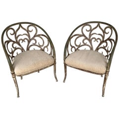 Pair of Italian Neoclassic Verdigris Tole Pierced Armchairs