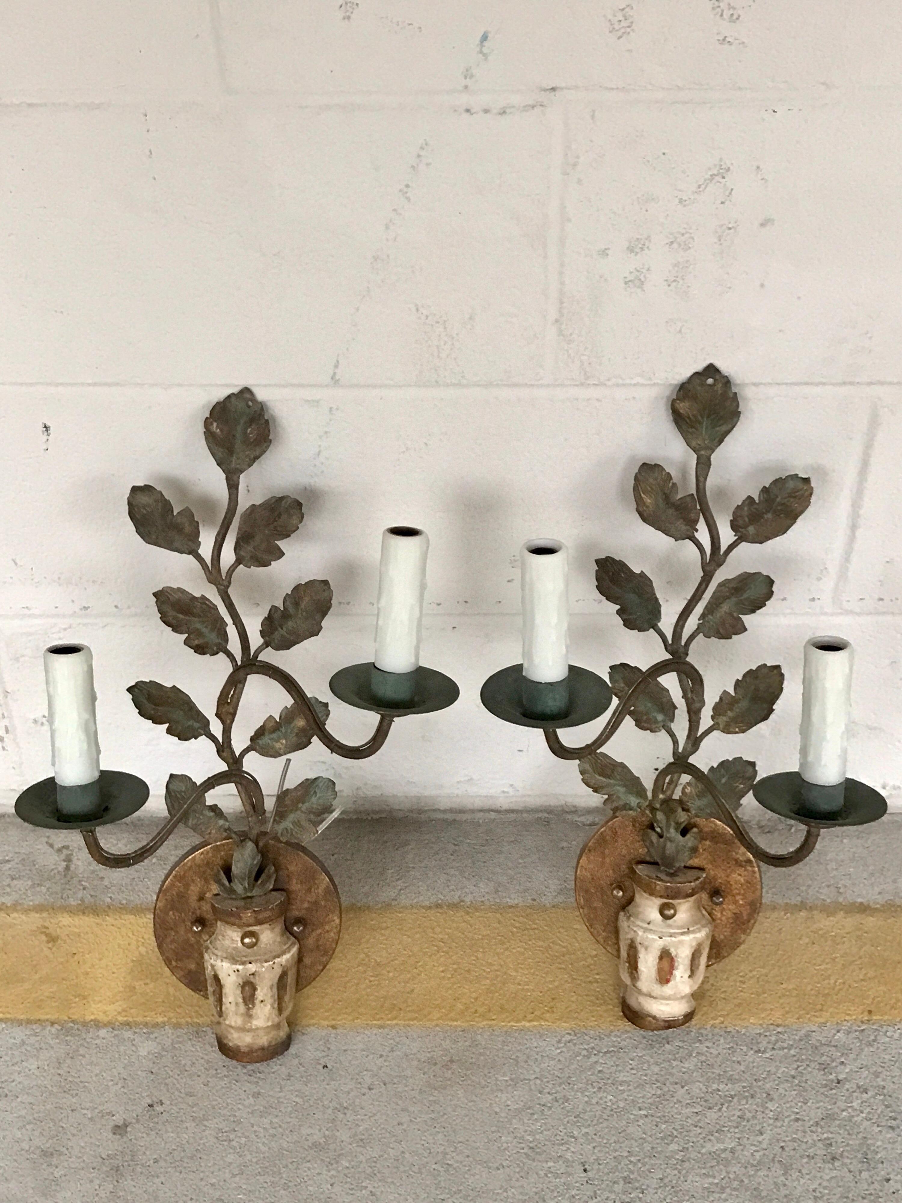 Pair of Italian neoclassic wall sconces , Each one of carved wood vase form with two ( 16