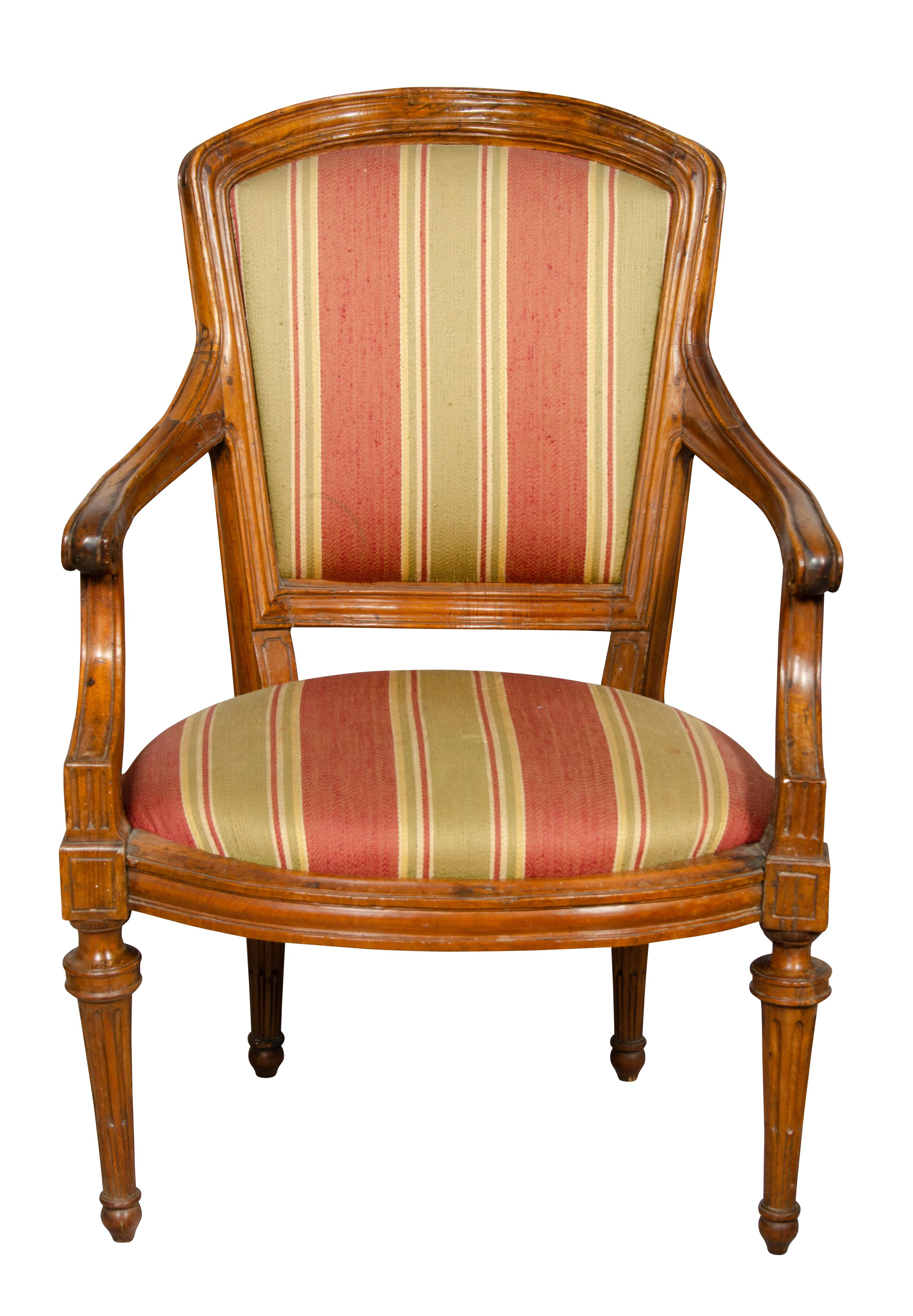 Arched back and downswept arms raised on circular tapered stop fluted legs. Nicely molded and carved frame with detachable seat and back for easy reupholstery.