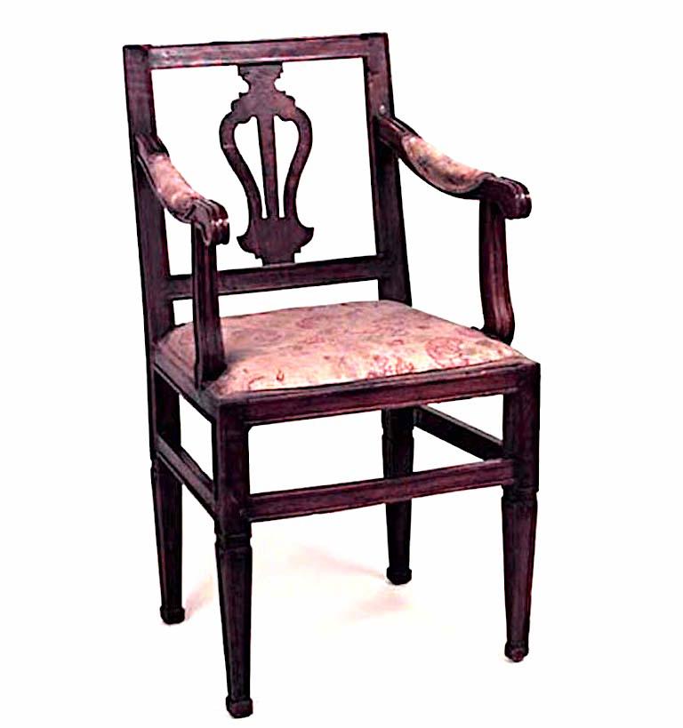 Neoclassical Pair of 19th Italian Neoclassic Walnut Lyre Back Armchairs
