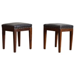 Pair of Italian Neoclassic Walnut & Oilcloth Upholstered Benches, Early 19th C.
