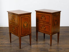Pair of Italian Neoclassical 1800s Walnut Bedside Tables with Marquetry Décor