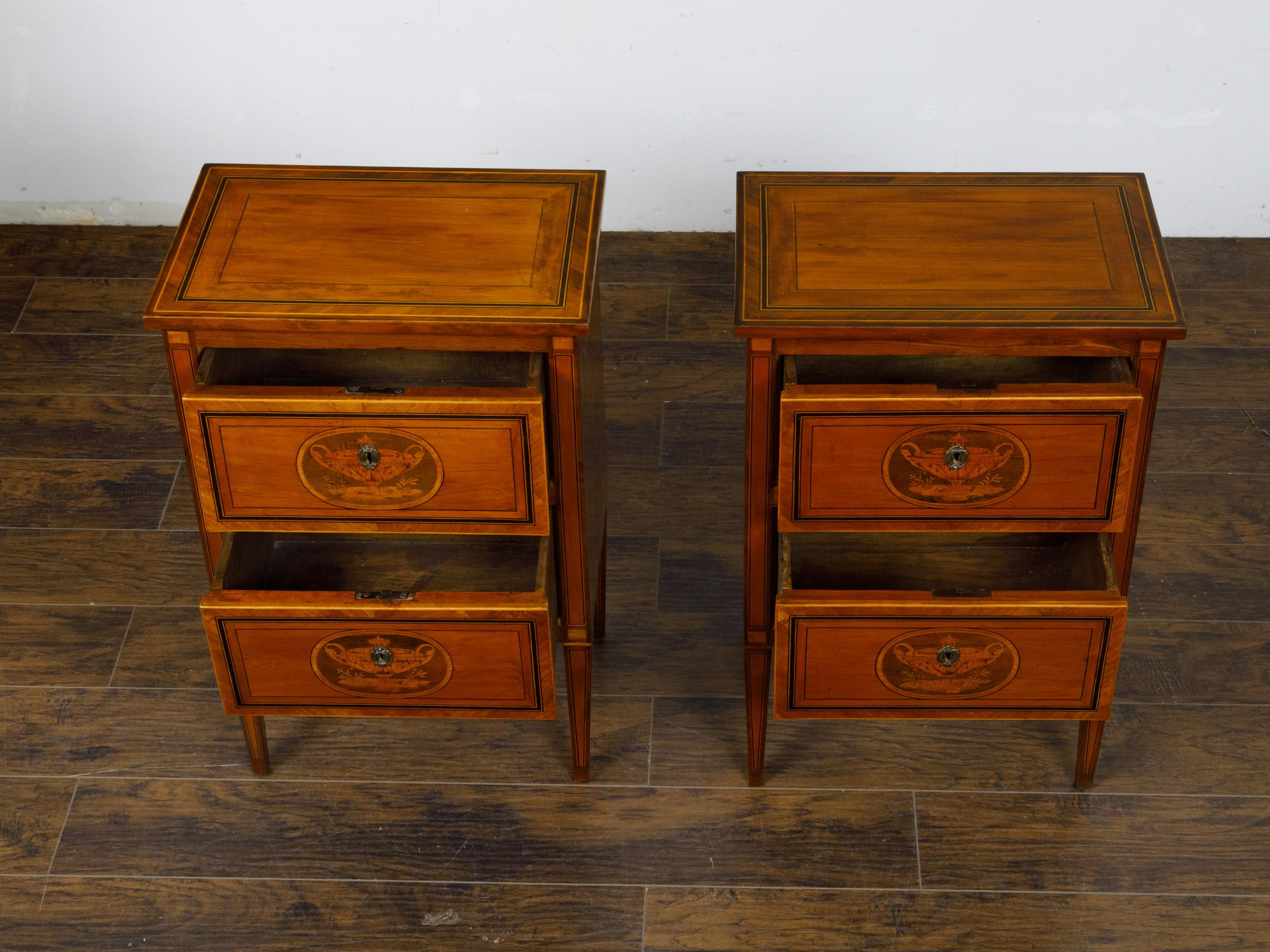 Pair of Italian Neoclassical 1800s Walnut Bedside Tables with Marquetry Décor For Sale 2
