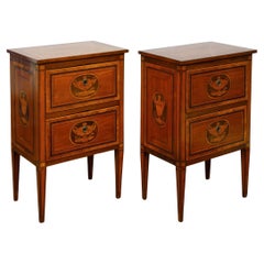 Antique Pair of Italian Neoclassical 1800s Walnut Bedside Tables with Marquetry Décor