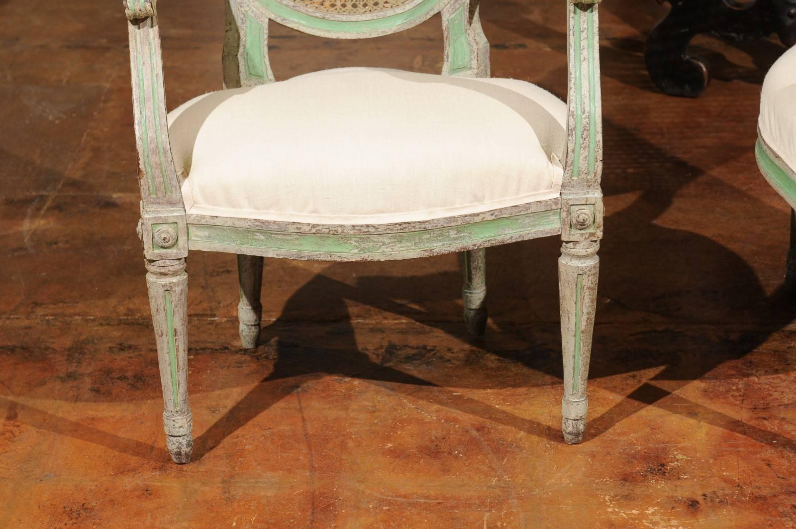 Pair of Italian Neoclassical 1850s Green Painted Armchairs with Cane Oval Backs 5