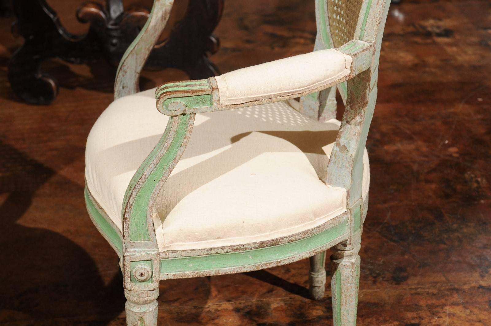 Pair of Italian Neoclassical 1850s Green Painted Armchairs with Cane Oval Backs 6