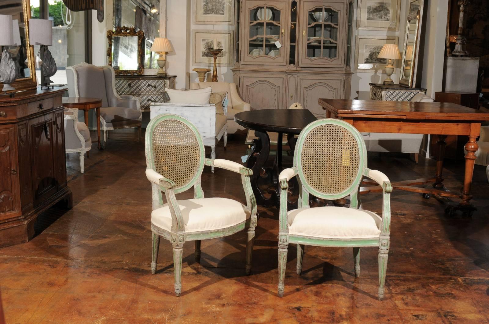 Hand-Painted Pair of Italian Neoclassical 1850s Green Painted Armchairs with Cane Oval Backs