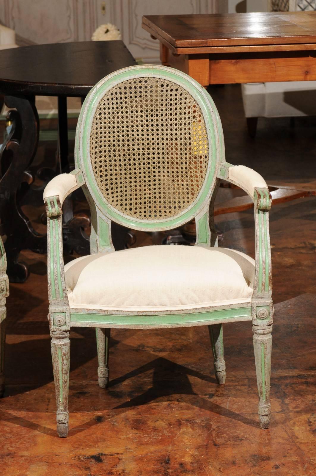Pair of Italian Neoclassical 1850s Green Painted Armchairs with Cane Oval Backs In Good Condition In Atlanta, GA