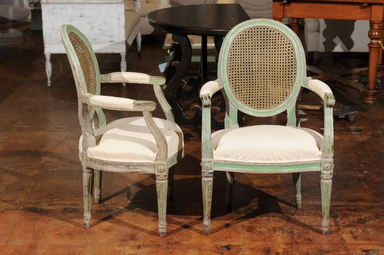 19th Century Pair of Italian Neoclassical 1850s Green Painted Armchairs with Cane Oval Backs