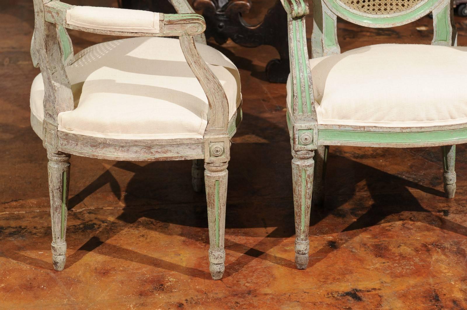 Pair of Italian Neoclassical 1850s Green Painted Armchairs with Cane Oval Backs 1