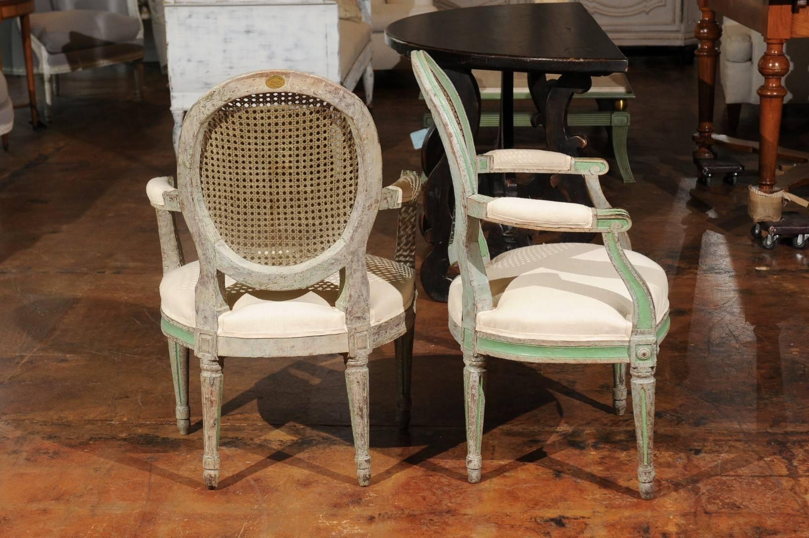 Pair of Italian Neoclassical 1850s Green Painted Armchairs with Cane Oval Backs 2
