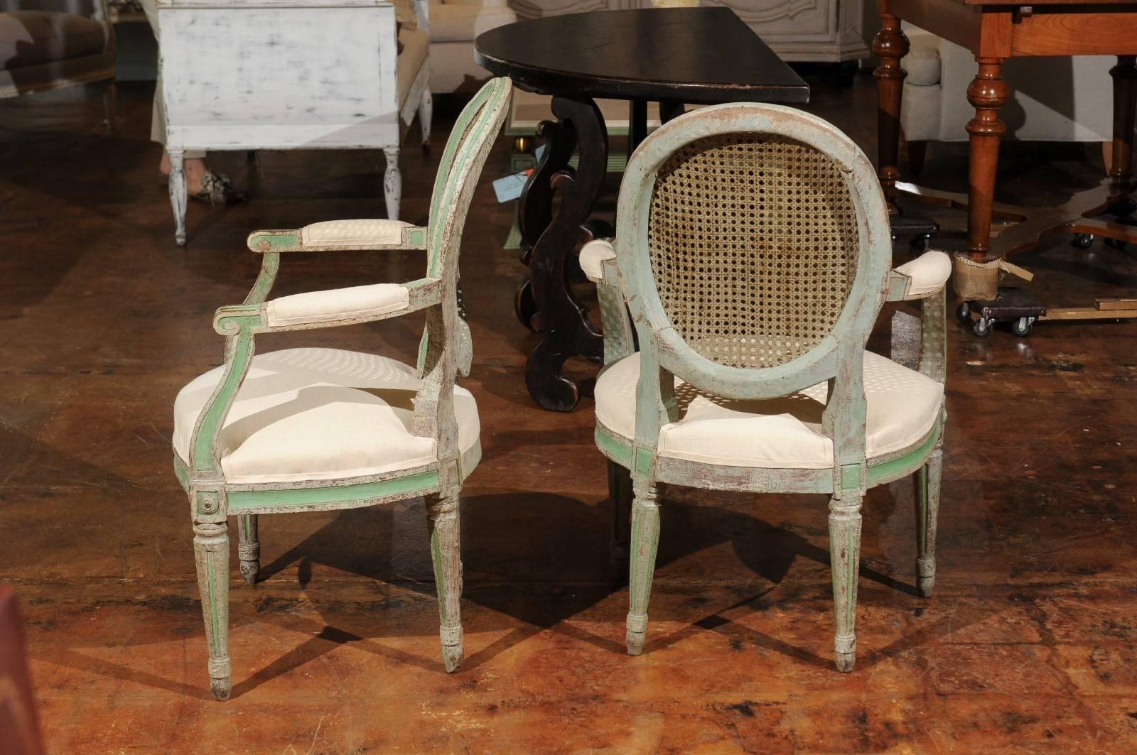 Pair of Italian Neoclassical 1850s Green Painted Armchairs with Cane Oval Backs 3