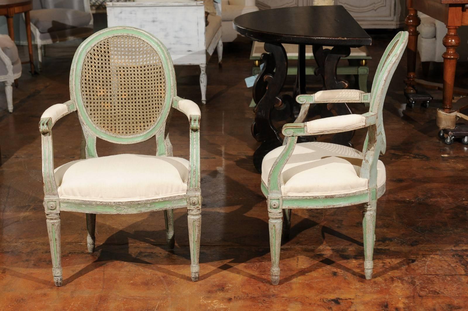 Pair of Italian Neoclassical 1850s Green Painted Armchairs with Cane Oval Backs 4