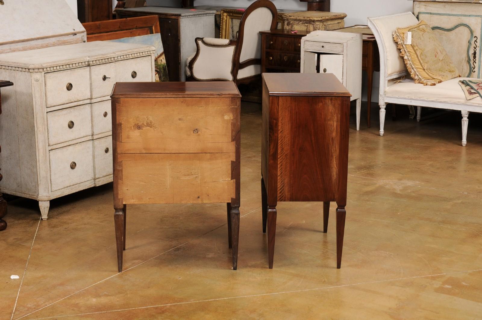 18th Century and Earlier Pair of Italian Neoclassical 18th Century Walnut and Mahogany Bedside Tables