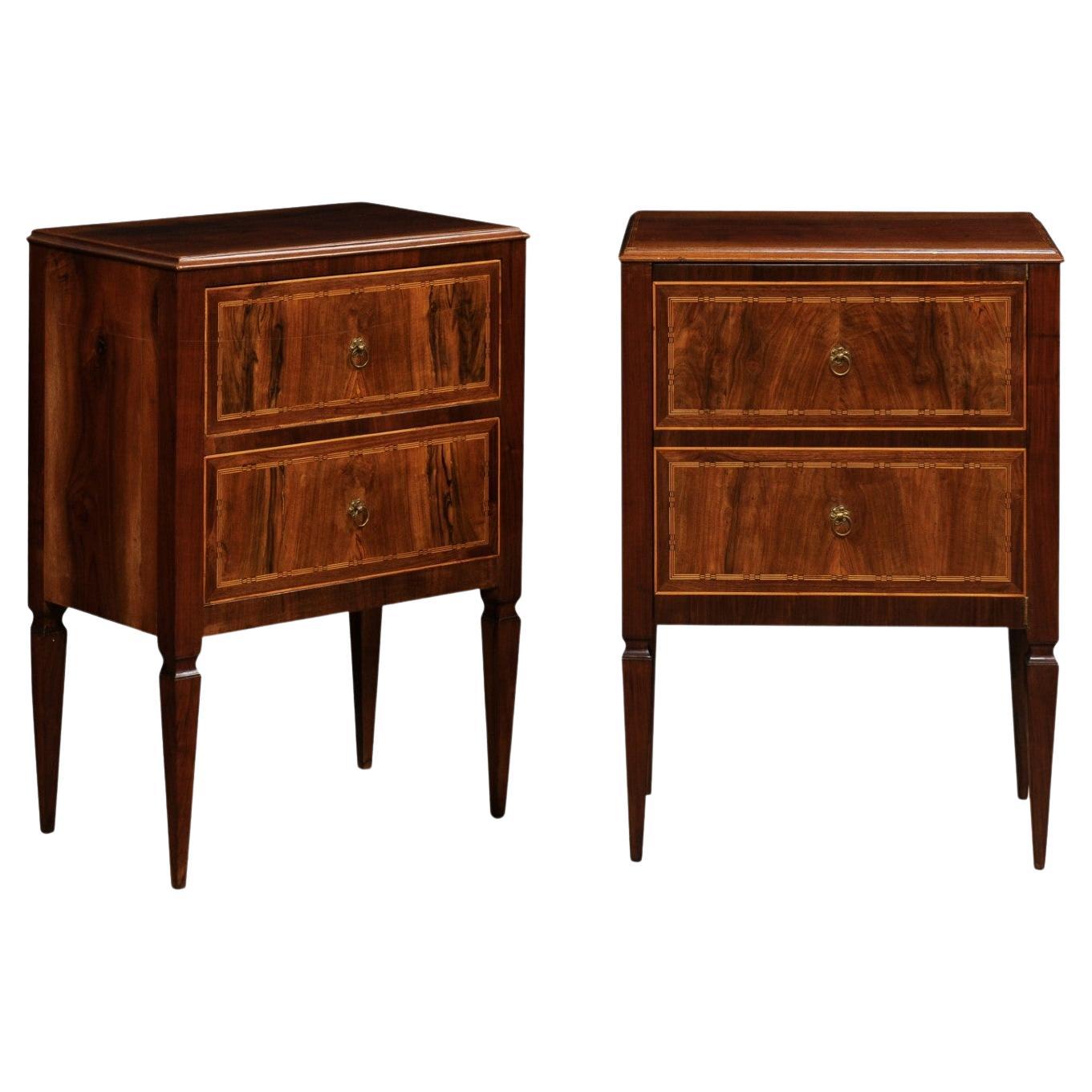 Pair of Italian Neoclassical 18th Century Walnut and Mahogany Bedside Tables