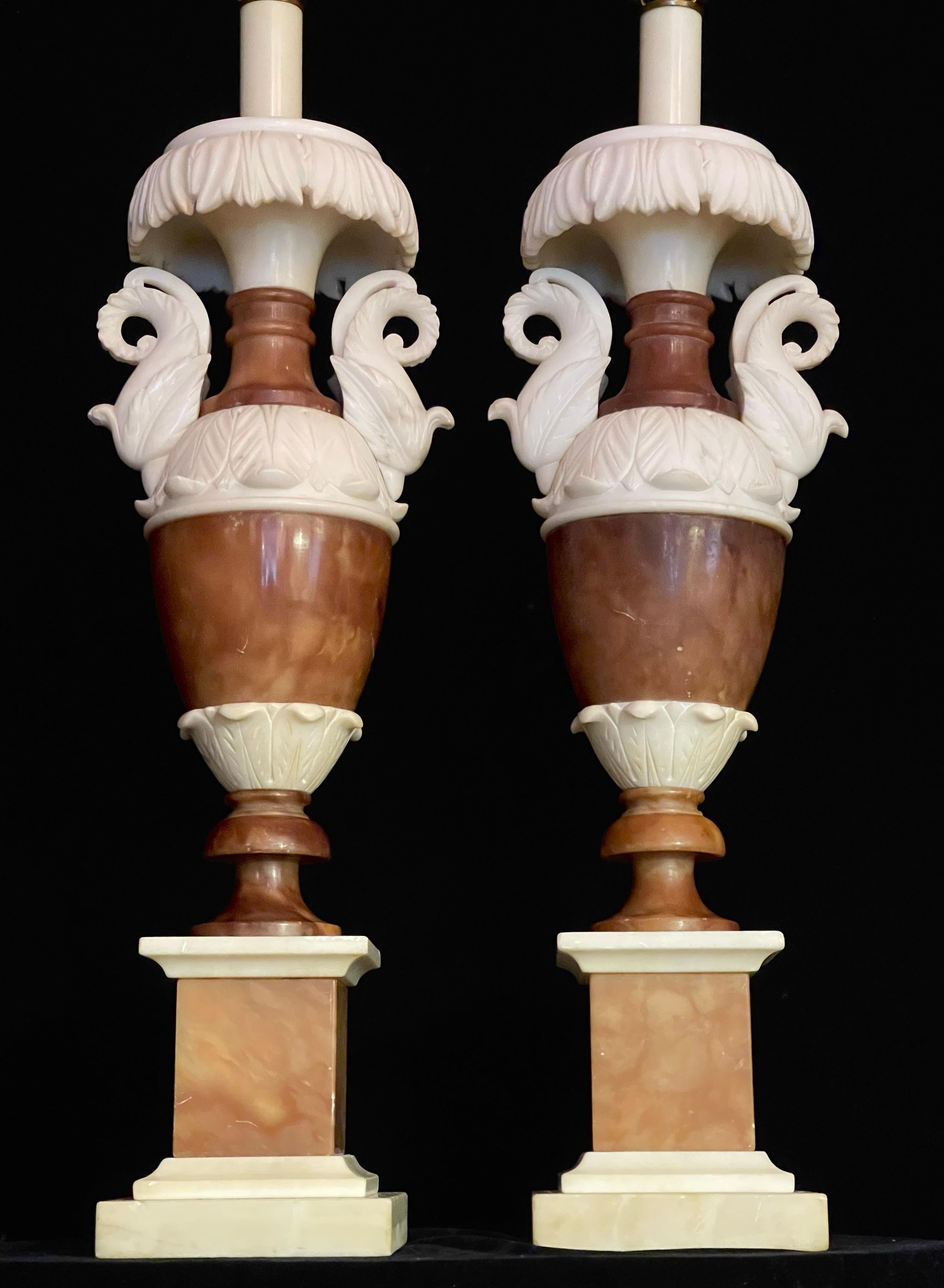 Hand-Carved Pair of Italian Neoclassical Alabaster Lamps For Sale
