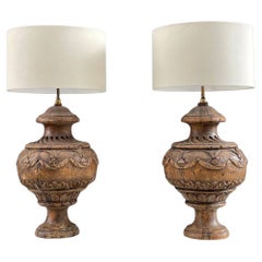 Pair of Italian Neoclassical Antique Carved Table Lamps