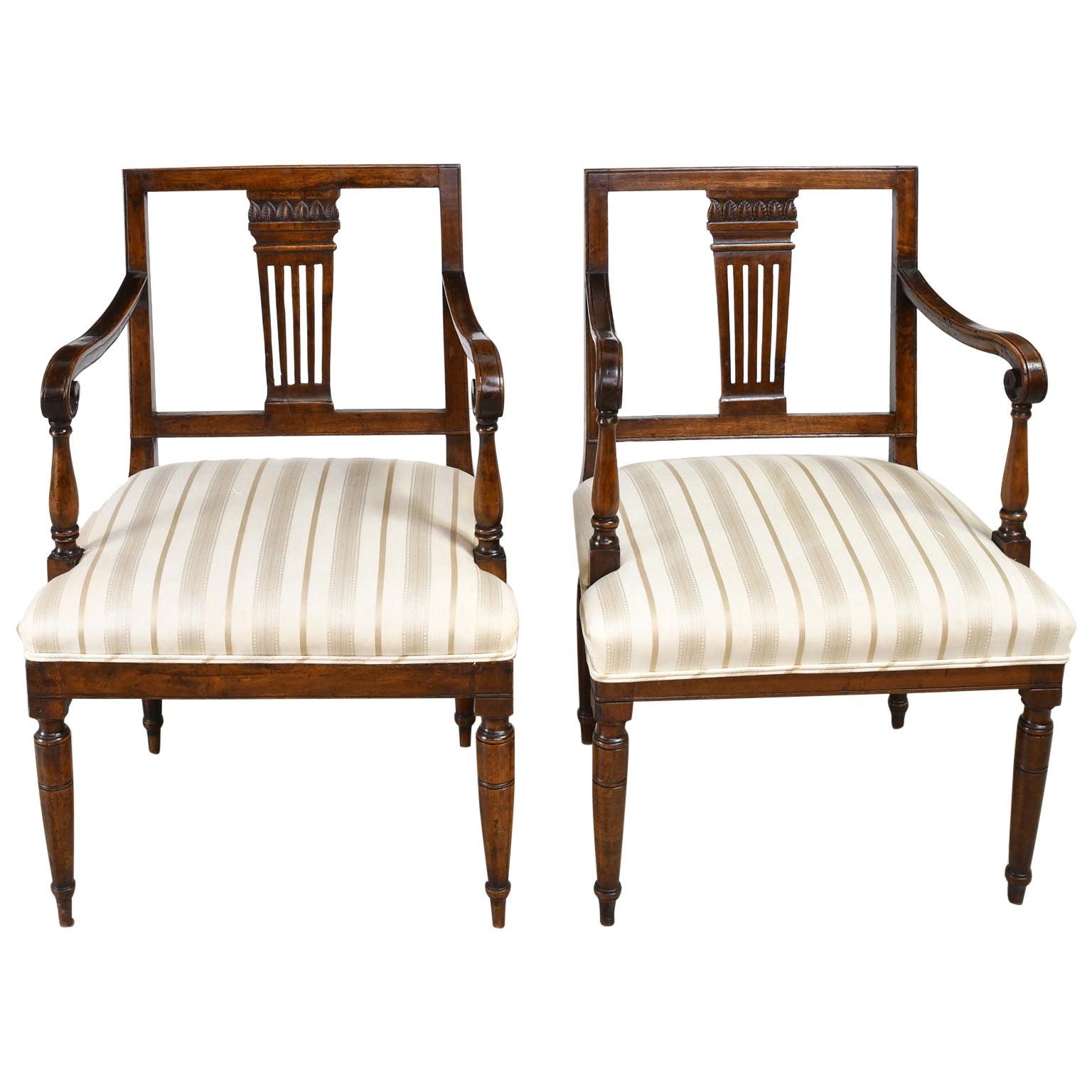 Pair of Italian Neoclassical Armchairs in Walnut w/ Upholstered Seat, circa 1820