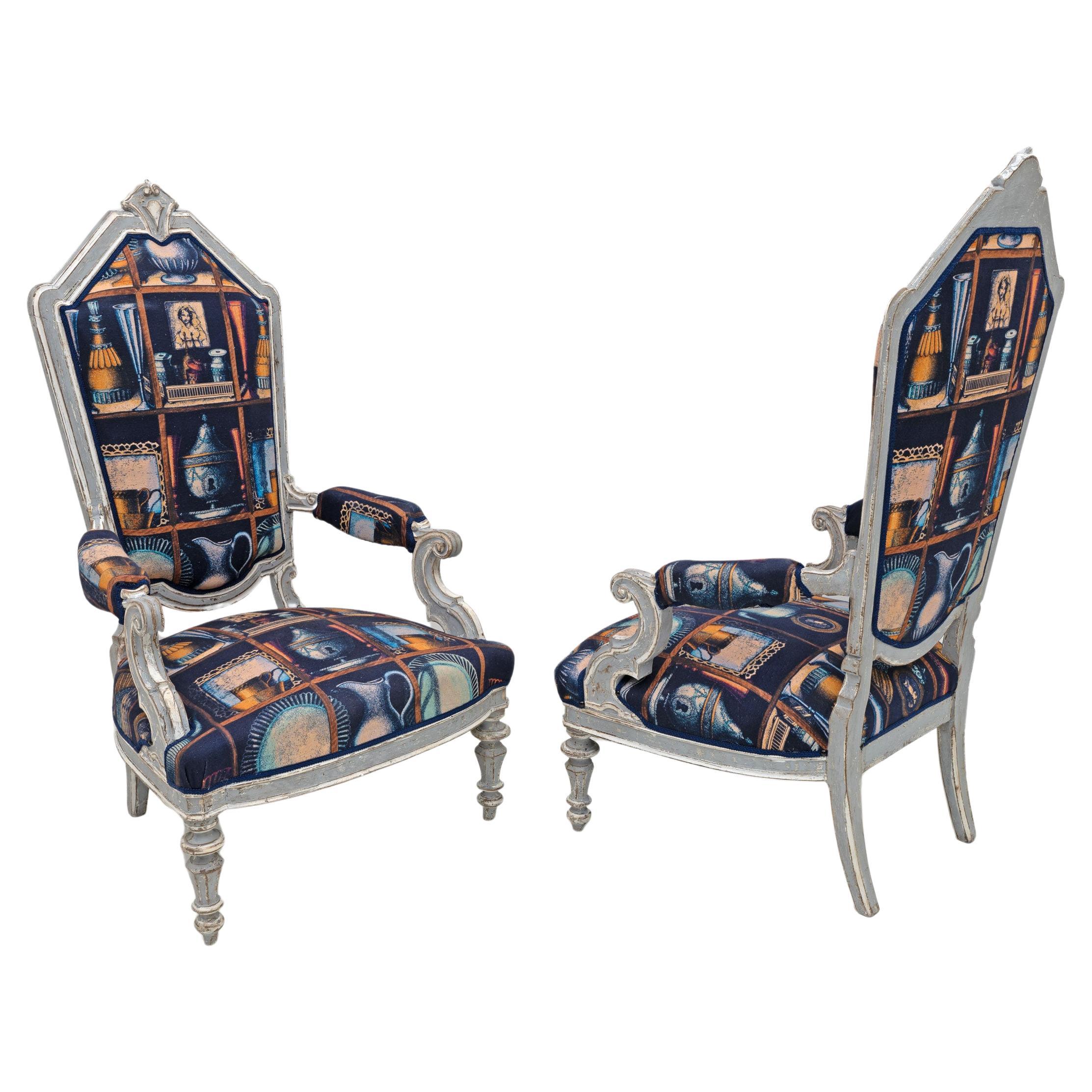 Pair of Italian Neoclassical Armchairs with Fornasetti Linen Fabric For Sale