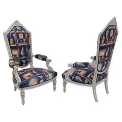 Pair of Italian Neoclassical Armchairs with Fornasetti Linen Fabric