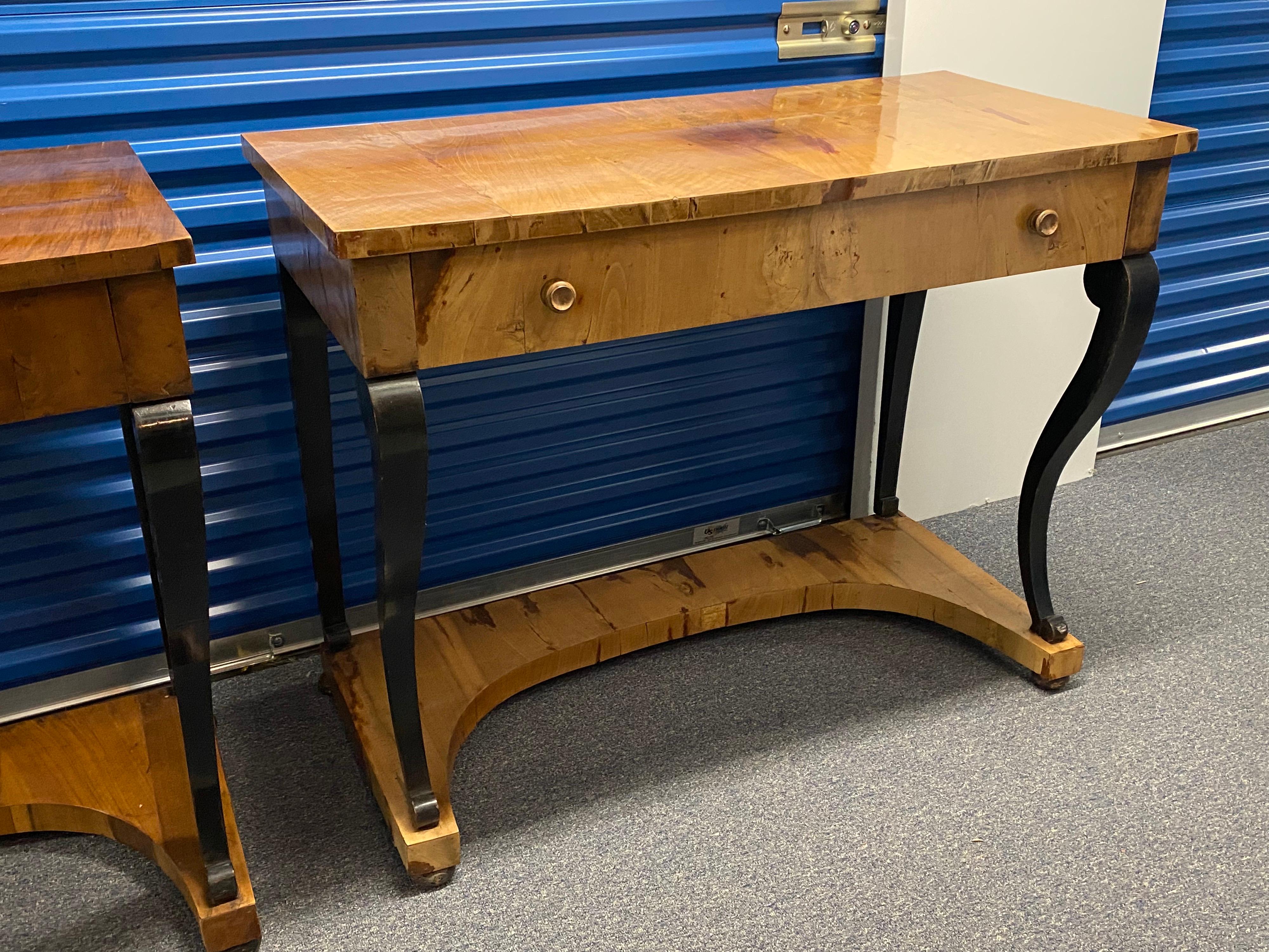 Pair of Italian Neoclassical Biedermeier Walnut Veneered Consoles, c. 1830 For Sale 10