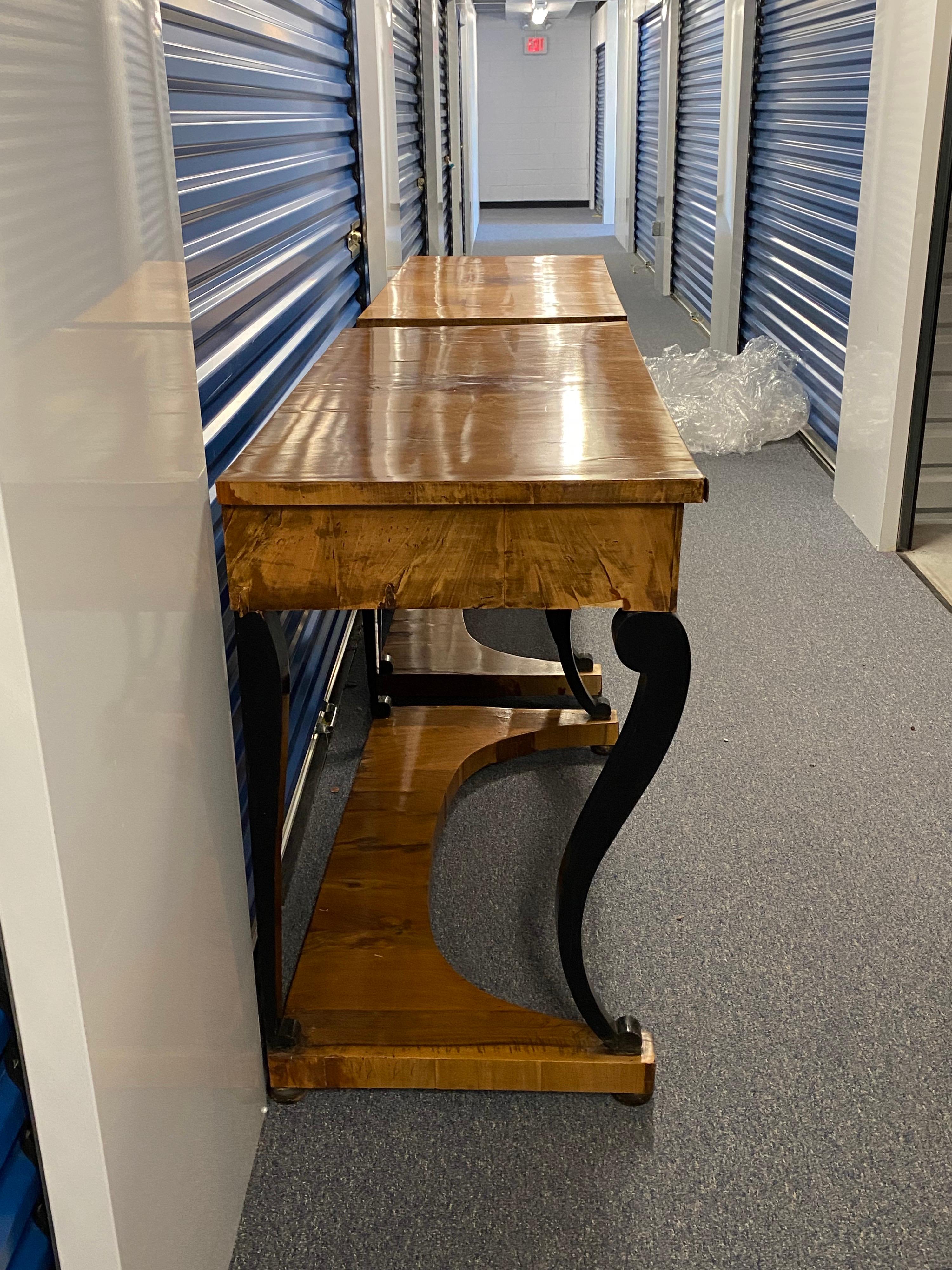 Pair of Italian Neoclassical Biedermeier Walnut Veneered Consoles, c. 1830 For Sale 11