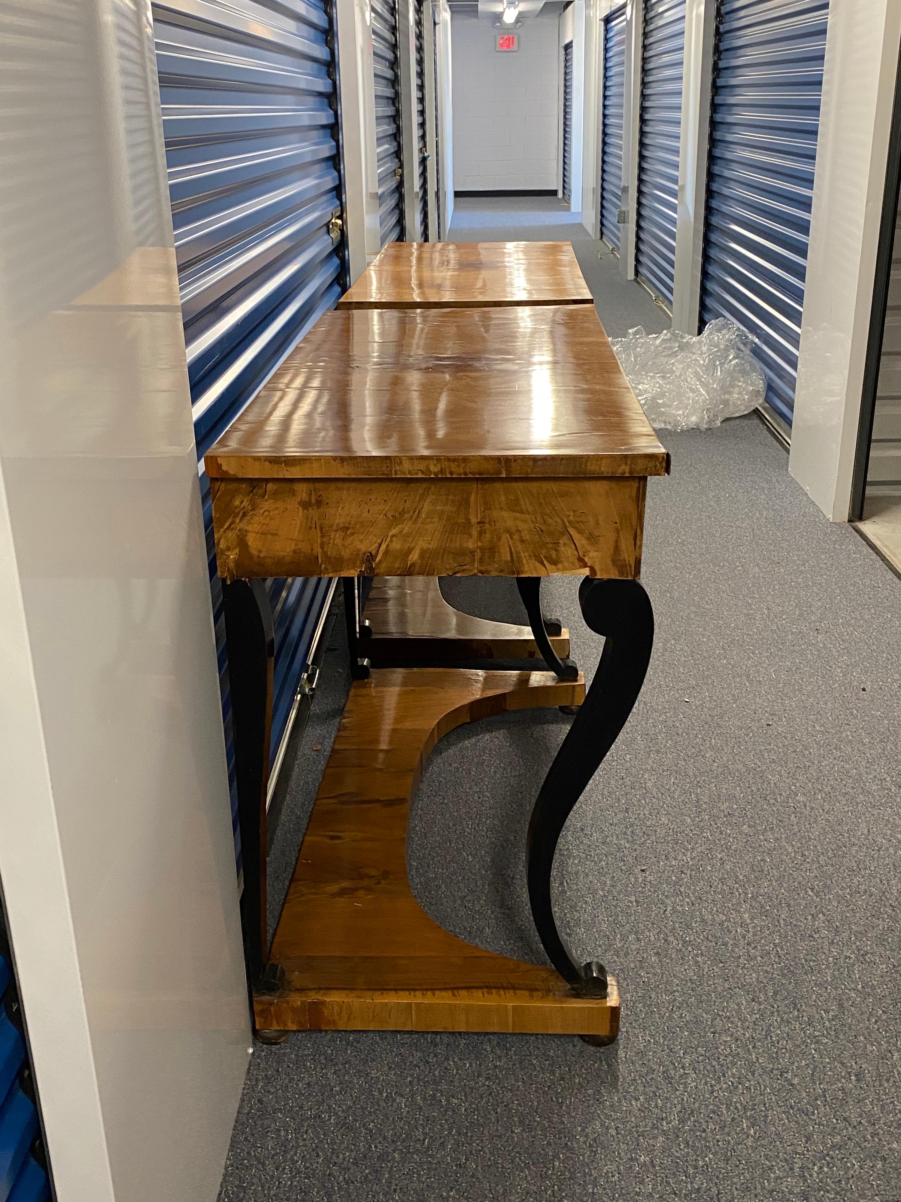 Pair of Italian Neoclassical Biedermeier Walnut Veneered Consoles, c. 1830 11