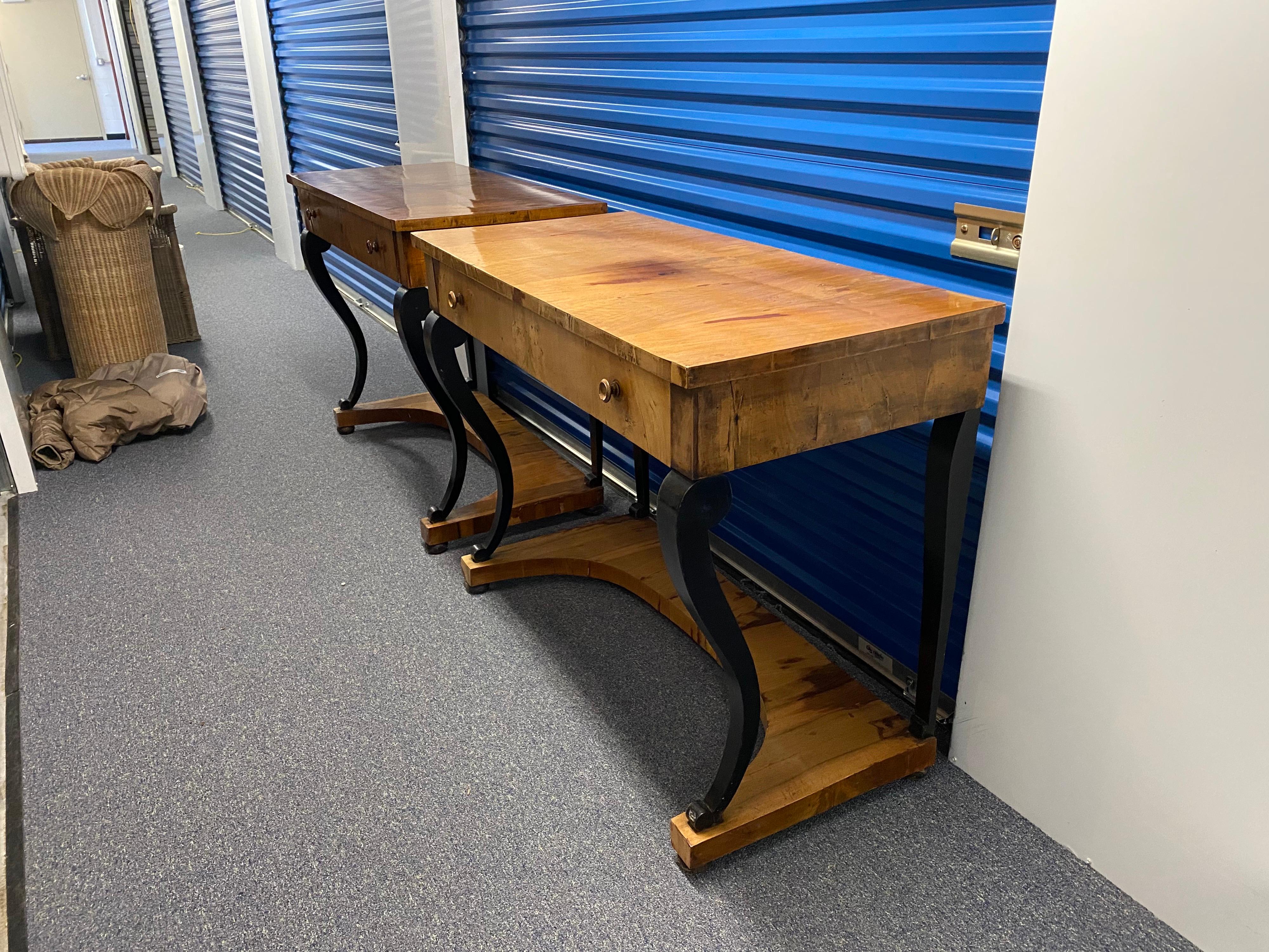 Ebonized Pair of Italian Neoclassical Biedermeier Walnut Veneered Consoles, c. 1830