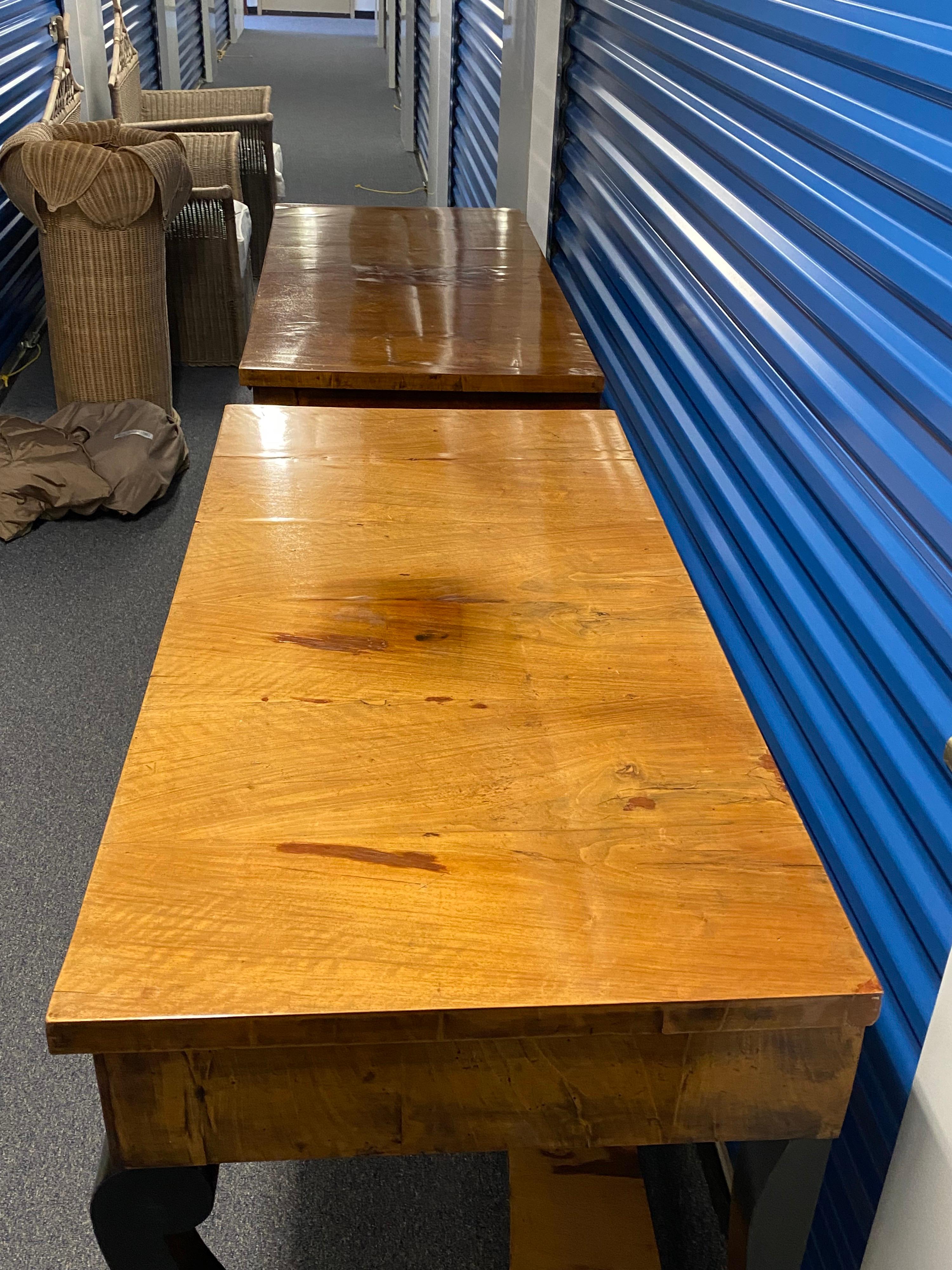 19th Century Pair of Italian Neoclassical Biedermeier Walnut Veneered Consoles, c. 1830 For Sale