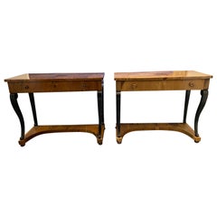 Pair of Italian Neoclassical Biedermeier Walnut Veneered Consoles, c. 1830