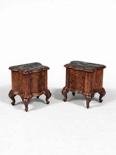 Pair of Italian Neoclassical Burl Walnut & Marble Top Night Stands
