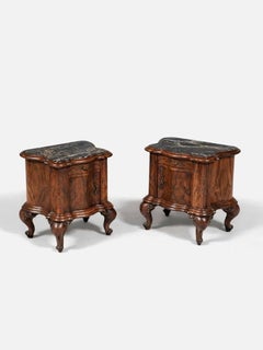 Pair of Italian Neoclassical Burl Walnut & Marble Top Night Stands