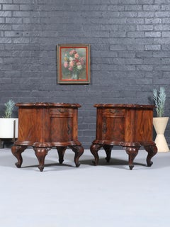 Pair of Italian Neoclassical Burl Walnut & Marble Top Night Stands