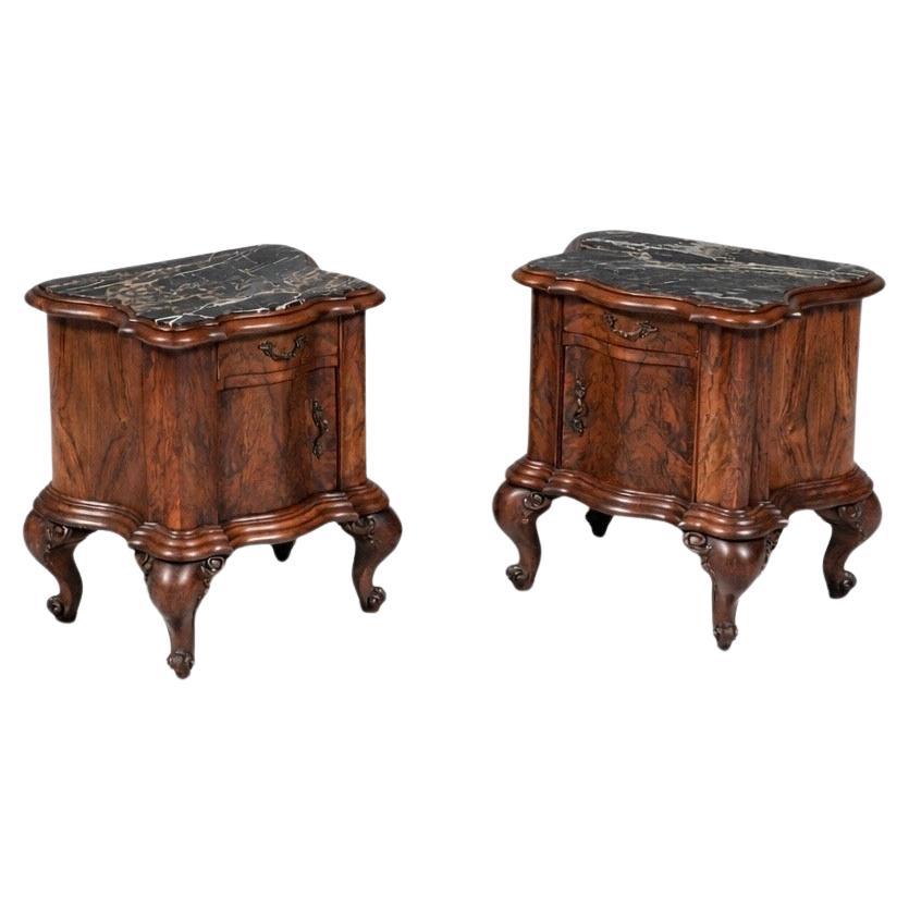 Pair of Italian Neoclassical Burl Walnut
Marble Top Night Stands