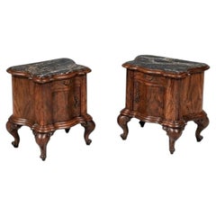 Pair of Italian Neoclassical Burl Walnut & Marble Top Night Stands