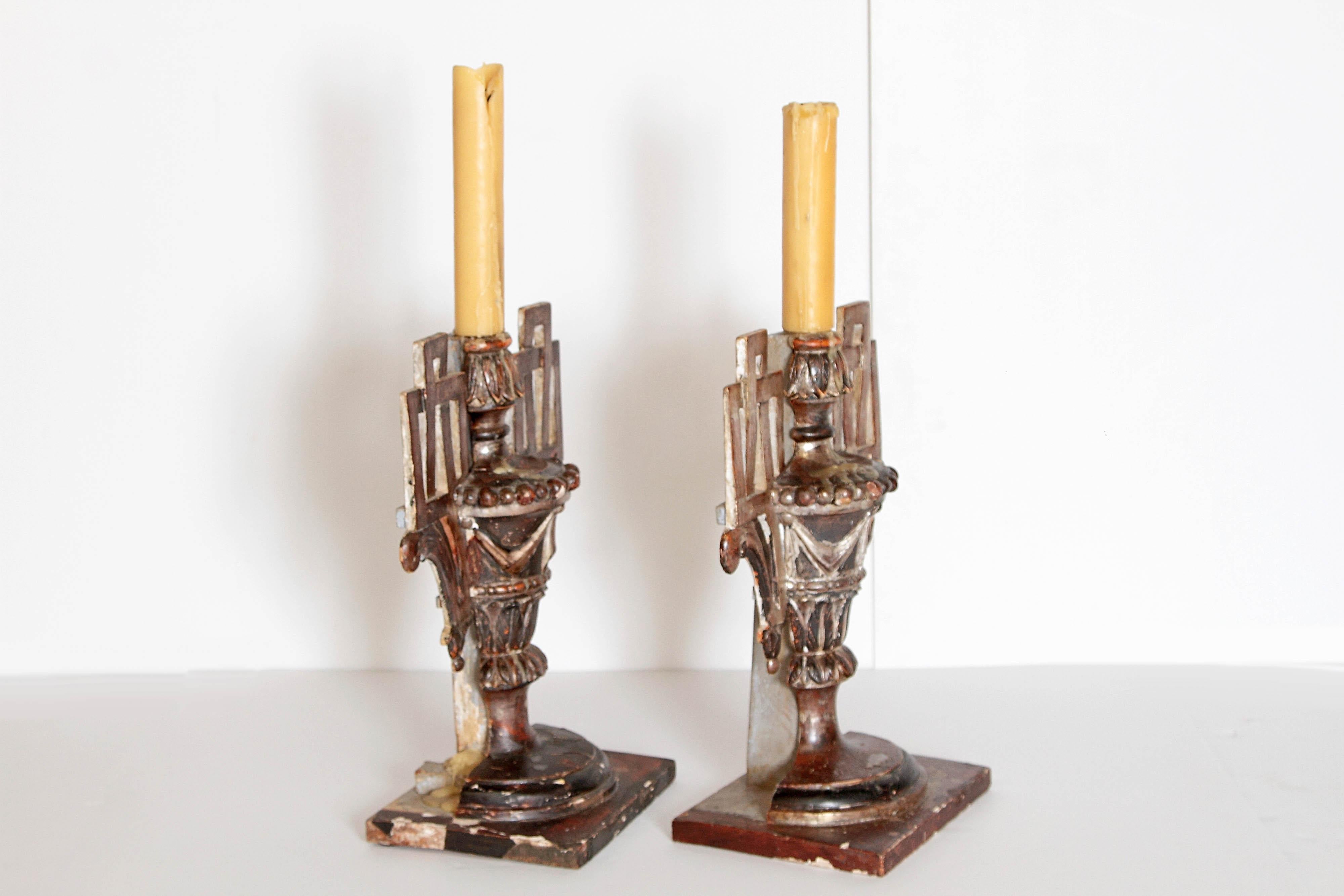 Pair of Italian Neoclassical Carved Candleholders For Sale 4