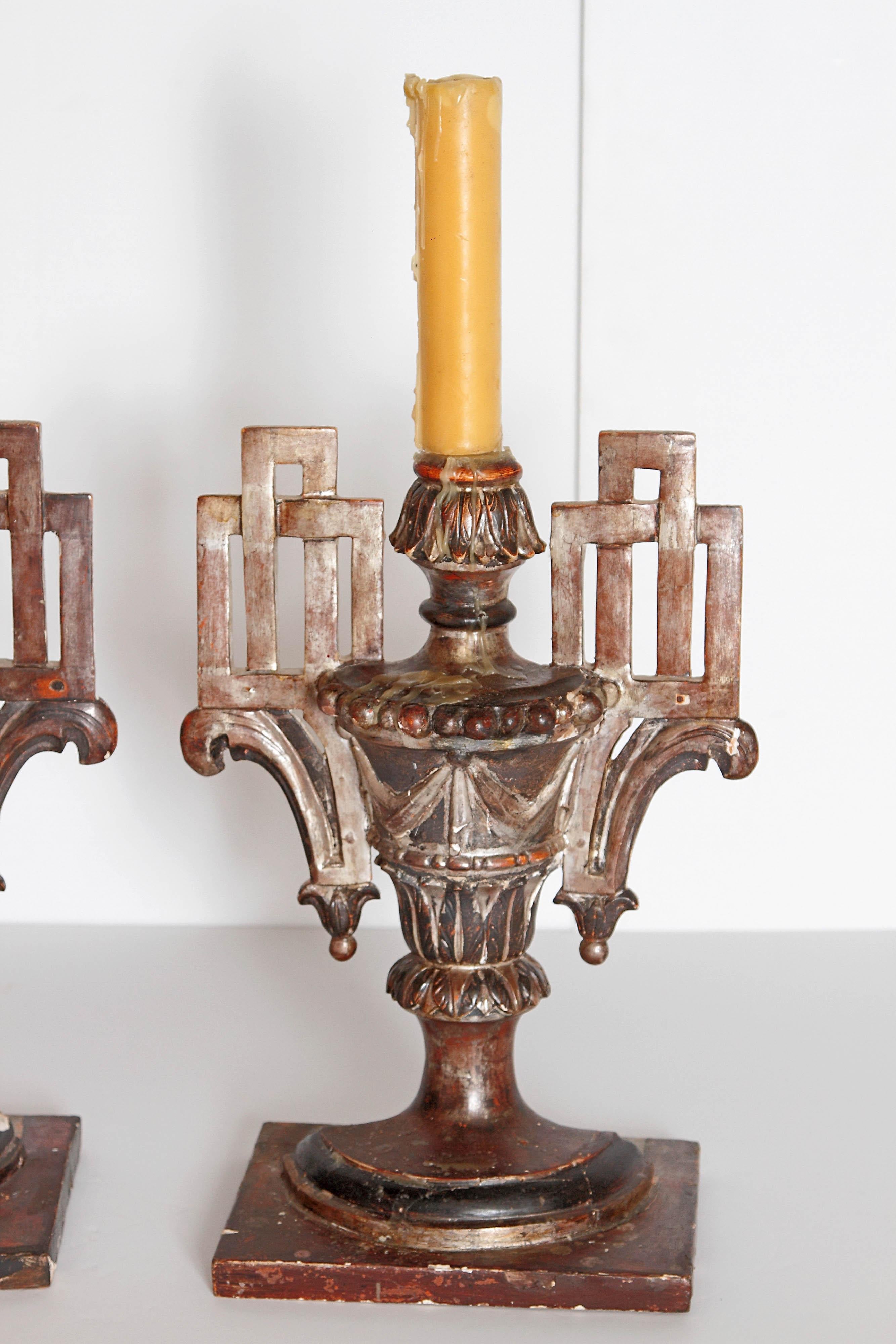 Hand-Carved Pair of Italian Neoclassical Carved Candleholders For Sale