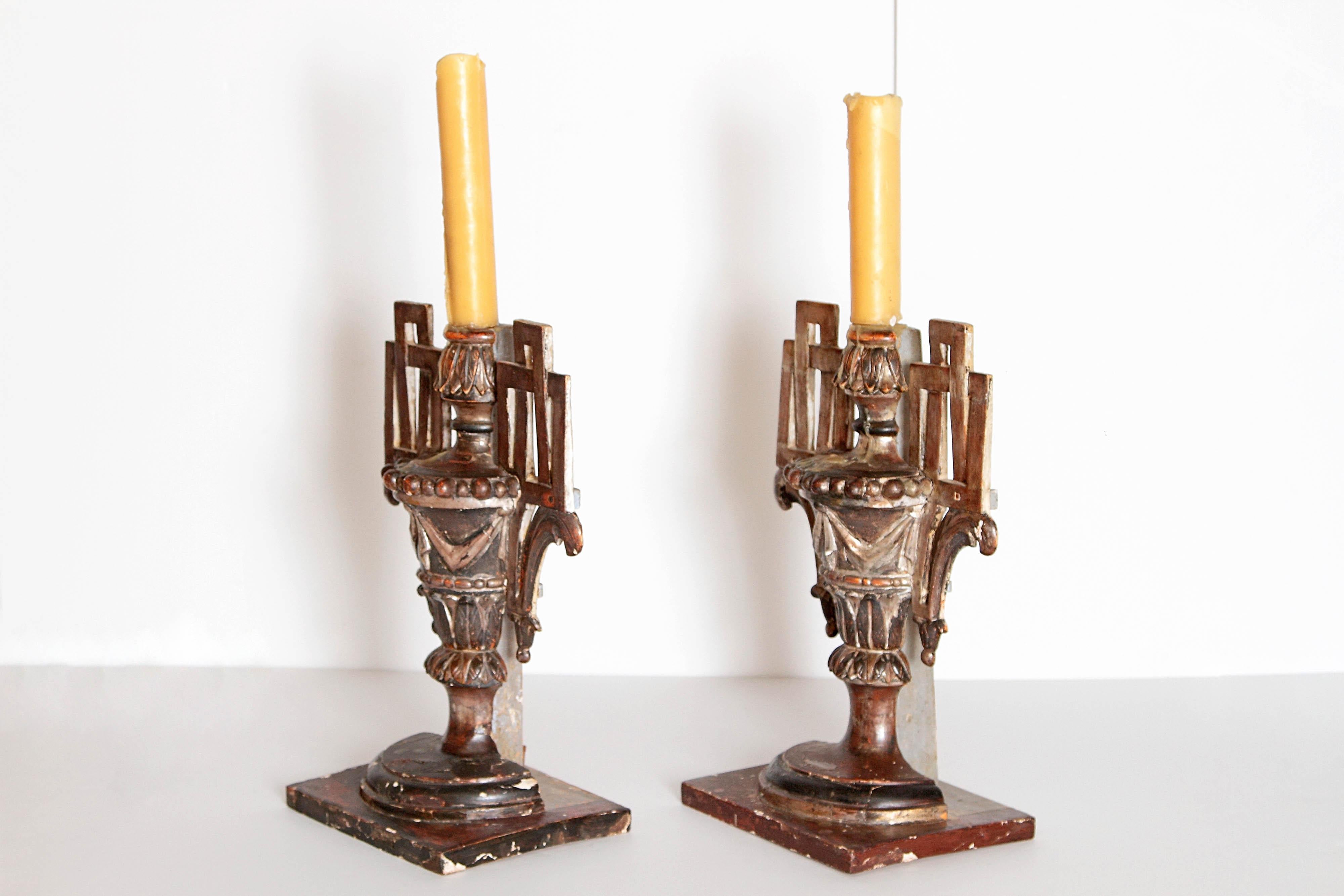 18th Century Pair of Italian Neoclassical Carved Candleholders For Sale