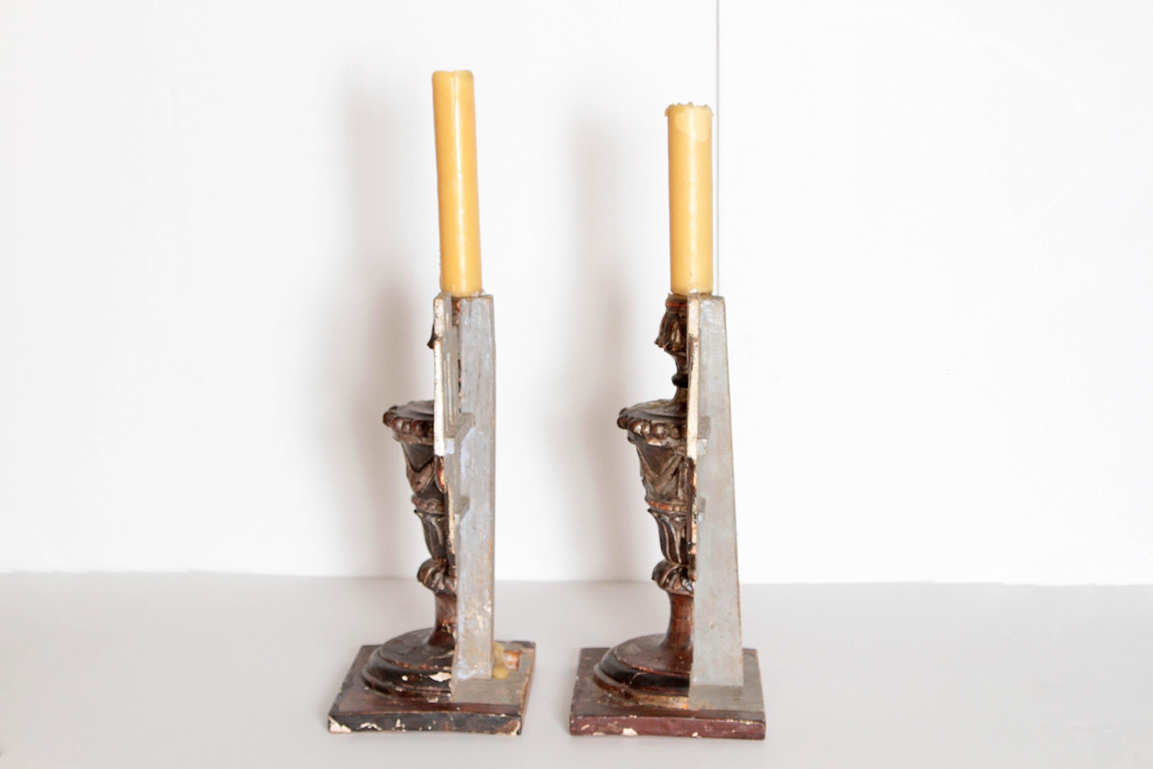 Wood Pair of Italian Neoclassical Carved Candleholders For Sale