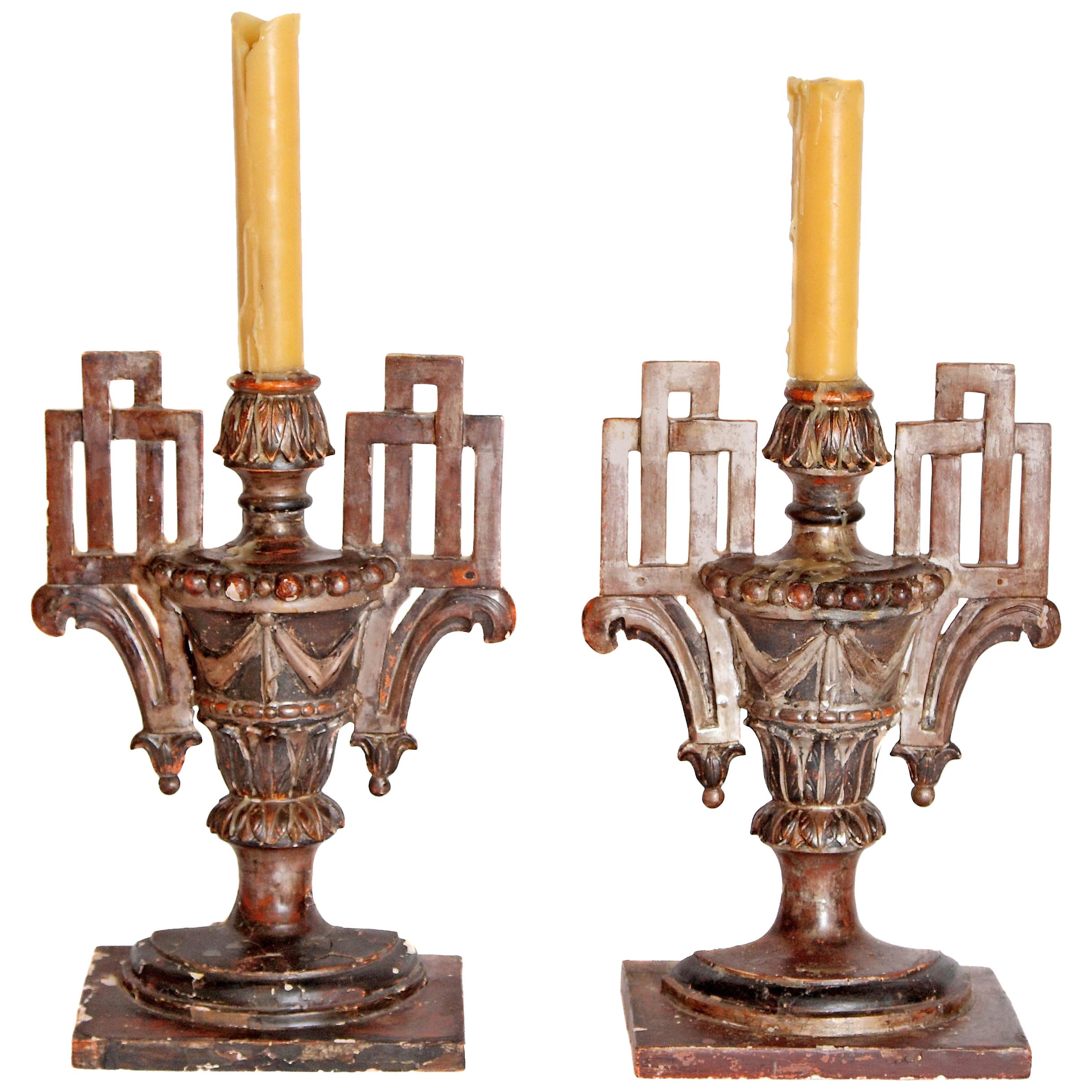 Pair of Italian Neoclassical Carved Candleholders For Sale