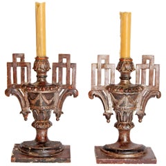 Antique Pair of Italian Neoclassical Carved Candleholders