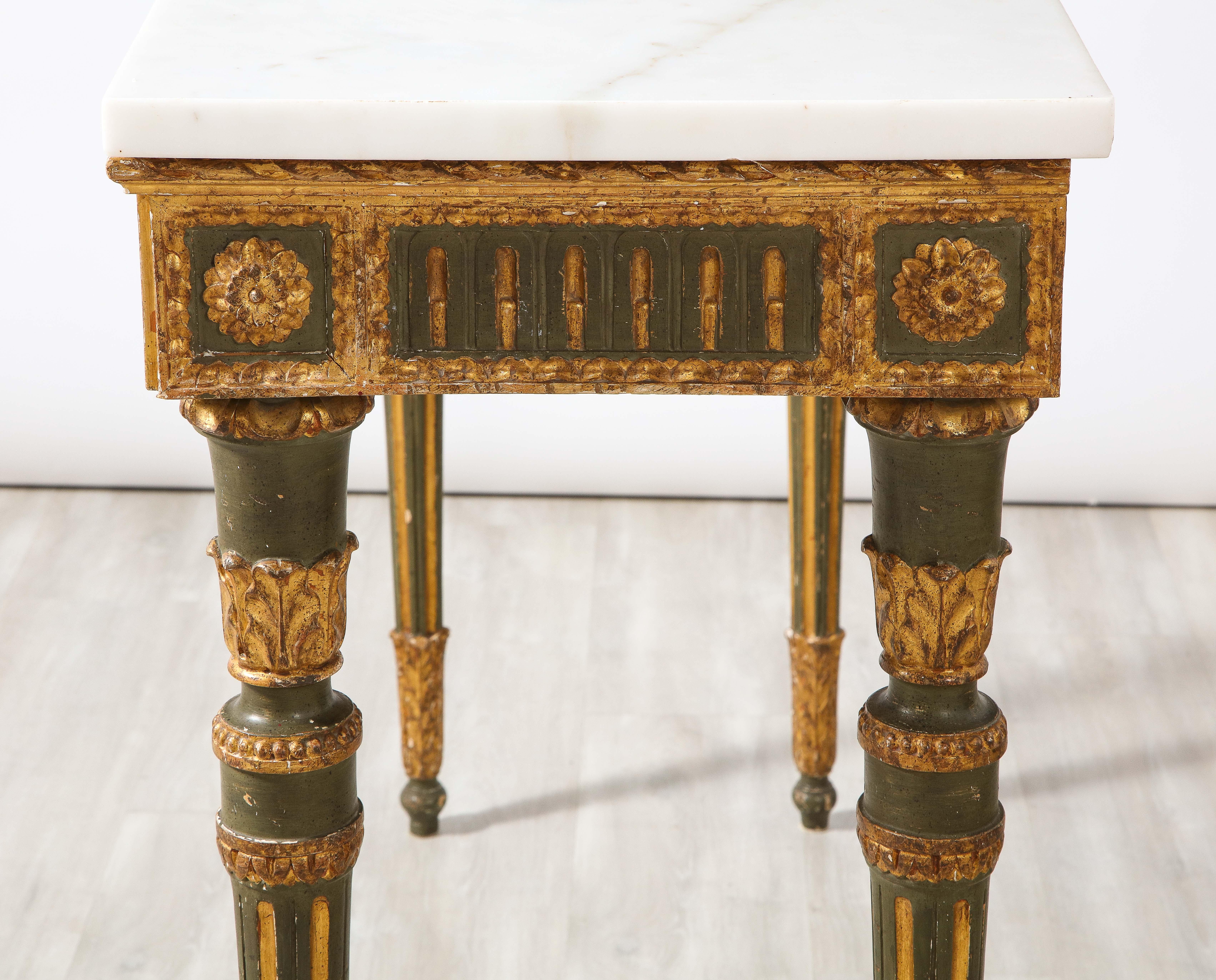 Pair of Italian Neoclassical Carved, Painted and Gilded Console Tables For Sale 4