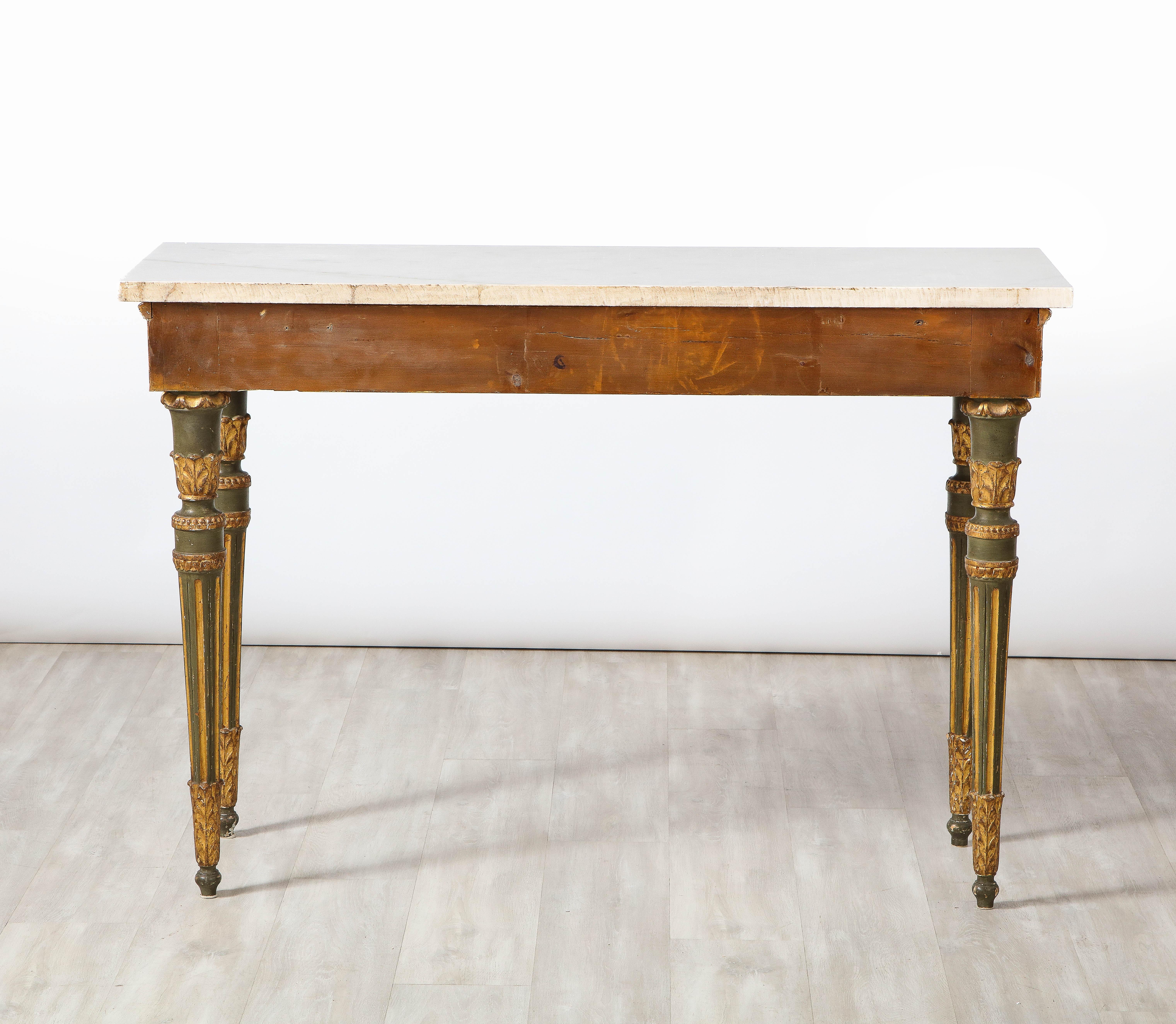 Pair of Italian Neoclassical Carved, Painted and Gilded Console Tables For Sale 5